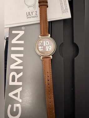 Garmin Lily 2 Classic 35mm Smartwatch - Brown Leather with Gold Accents